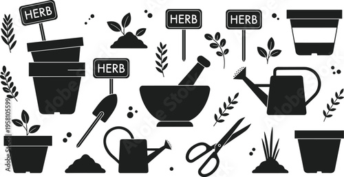 Herb Garden Tools and Supplies Collection Featuring Pots, Watering Can, Mortar, Scissors, and Plant Labels in Black Silhouette Style