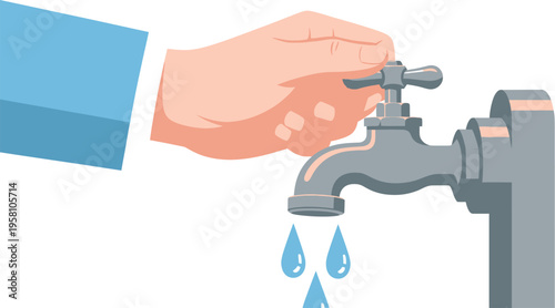 Hand in a suit jacket turning off a dripping water faucet to conserve resources and save money.