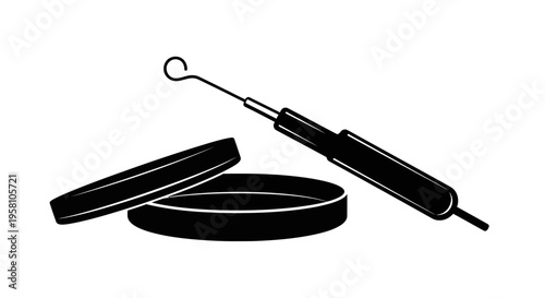 Black and white illustration of a soldering iron with stand and lid on a plain background