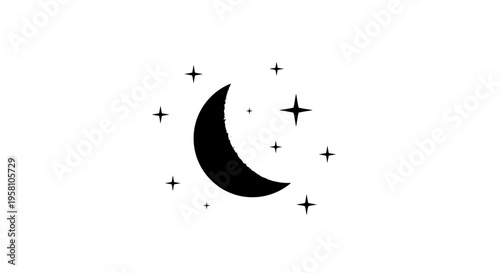 Crescent moon surrounded by stars in night sky simple black silhouette on white background astronomy symbol