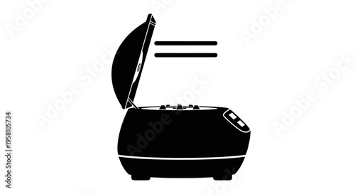 Black toaster with lid open on white background heat lines rising kitchen appliance