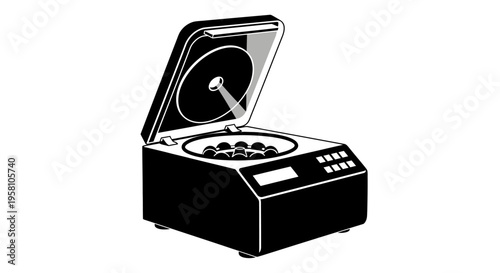 Vinyl record player with open lid and spinning record on turntable in black and white