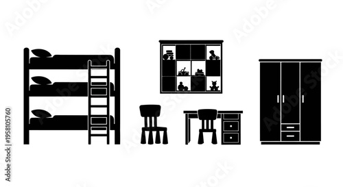 Black silhouettes of bedroom furniture including bunk bed wardrobe desk and shelving unit on white background