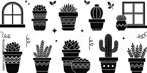 Indoor Plant Collection Featuring Succulents, Cacti, Flower Pots, and Windows in Black Silhouette Style