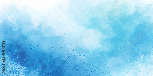 An abstract blue watercolor sky background featuring frozen winter textures of frost and ice splashes over a fresh liquid ocean wave pattern with clear light