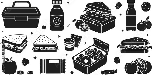 Lunchbox and Snack Collection Featuring Sandwiches, Fruits, Drinks, and Snacks in Black and White Silhouette Style