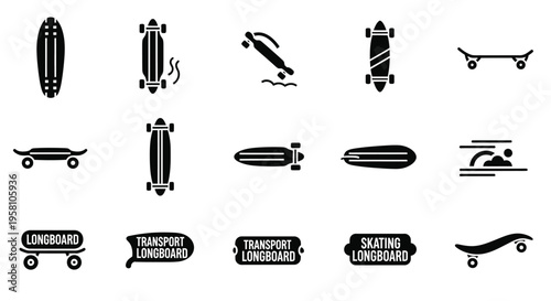 Collection of black icons representing different types of skateboards and longboards for extreme sports and active lifestyle