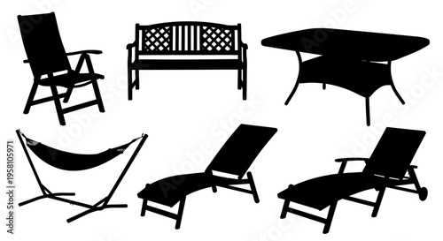 Patio furniture silhouettes including chairs bench table and loungers on white background for outdoor decor concepts
