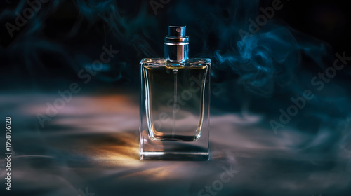 Elegant glass perfume bottle on dark background with swirling blue smoke and dramatic studio lighting, luxury fragrance concept with copy space