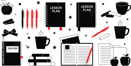 Teacher Tools and Classroom Supplies Collection Featuring Lesson Plan Books, Pens, Apple, Coffee Mug, and Notebooks in Black and Red Silhouette Style