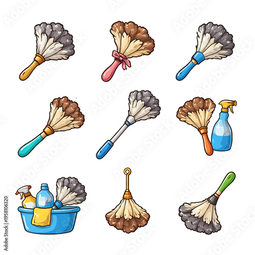 Cleaning Tools Set with Feather Dusters and Supplies – Household Cleaning Illustration isolated on transparent background