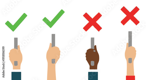 Hands displaying correct green checkmarks and incorrect red crosses while holding small electronic keys for access control.
