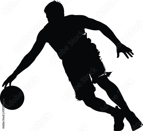 Black silhouette of basketball player dribbling ball in dynamic motion, athletic sports illustration perfect for energetic design and promotional artwork