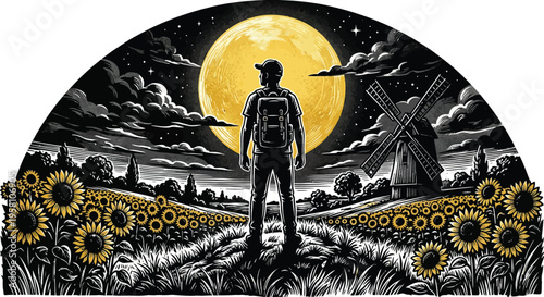Traveler Standing in Sunflower Field Under Full Moon, Adventure Night Landscape Vector