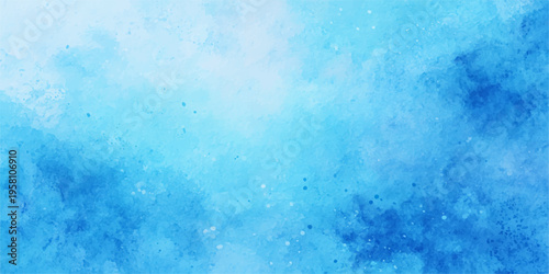 An abstract blue grunge watercolor background features a vintage paint texture and cold winter ice patterns, blending light liquid foam with a dark old wall design for a nature-inspired sky backdrop