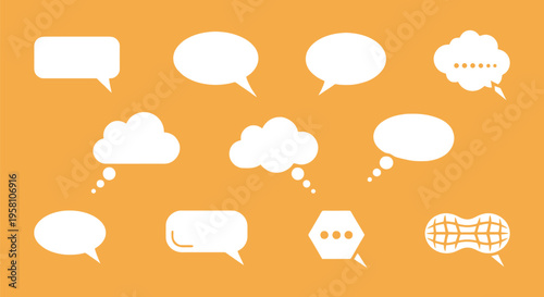 Various white speech and thought bubbles are depicted against a solid orange background for dialogue concepts.
