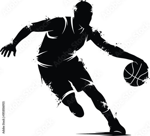 Dynamic basketball player silhouette dribbling ball with blue splatter accents, energetic sports illustration perfect for athletic design and promotional graphics