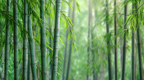 Bamboo forest stalks with green leaves. Tropical nature background showing plants in a garden. Zen wellness and meditation concept for travel relaxation. Natural botanical environment.