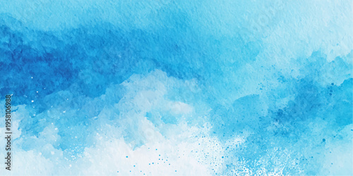 Abstract blue watercolor background with a cold liquid texture of frozen ice and splashing sea waves on a wet glass surface