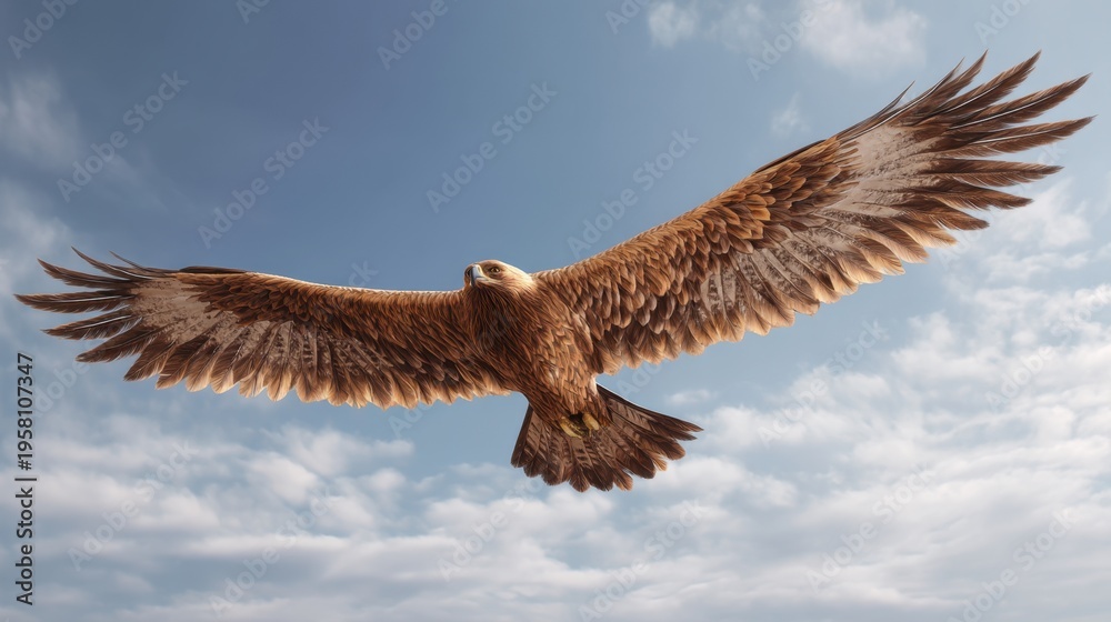 Fototapeta premium Golden eagle soaring high in sky with wings wide open. Majestic raptor bird in flight. Symbol of freedom, strength and power. Wildlife photography of predator in natural environment.