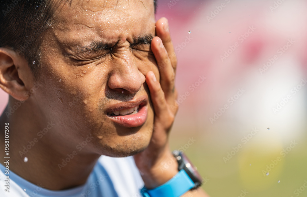 Obraz premium The athlete felt the intensity of the competition with sweat on his face after the race