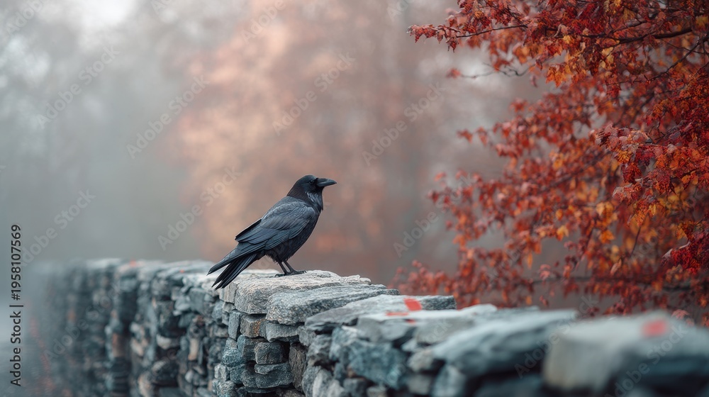 Fototapeta premium Black raven perched on a rustic stone wall in an autumn park. Bird in misty woodland with orange leaves. Symbol of mystery, Halloween atmosphere and seasonal change in nature.