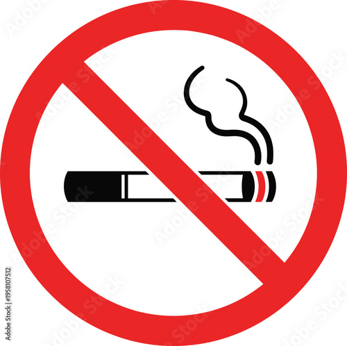 No smoking sign with lit cigarette and smoke icon crossed out in red circle for public health rule