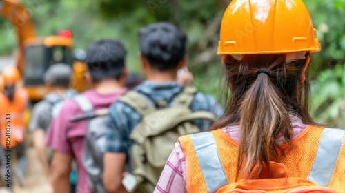 Construction safety training event forest area group activity outdoor setting back view teamwork concept