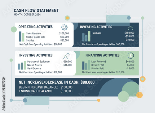 Financial report shows cash flow statement with operating, investing, and financing activities monthly