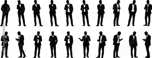 Large collection of professional businessmen silhouettes wearing formal suits while using smartphones and standing in various corporate poses.