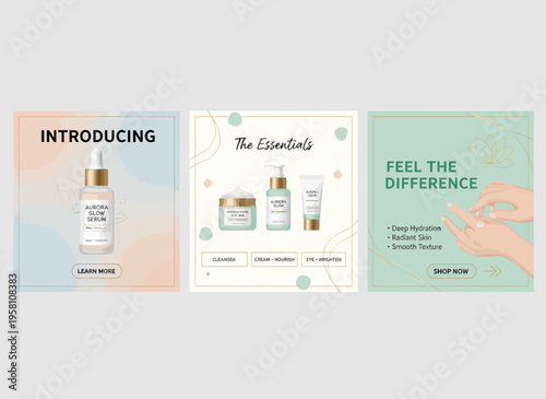 A skincare product advertisement displays various products and encourages users to feel the difference with a hand gesture.