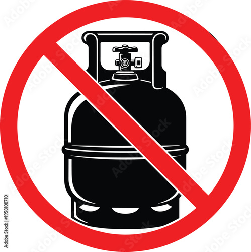 Propane gas cylinder tank with red diagonal prohibition circle symbol isolated on transparent layer
