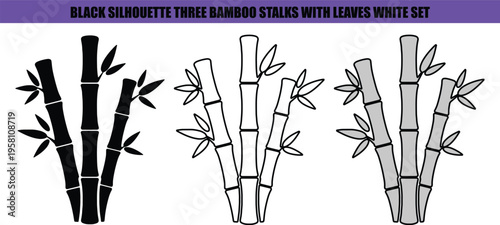 Three bamboo stalks with leaves black outline and grey