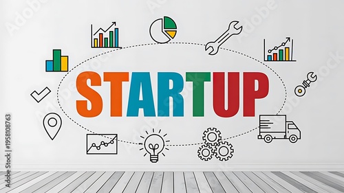 Creative startup business concept with colorful typography and innovation icons background