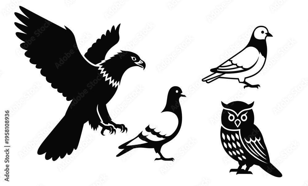 Fototapeta premium Birds Silhouette Eagle Pigeon Dove Owl.