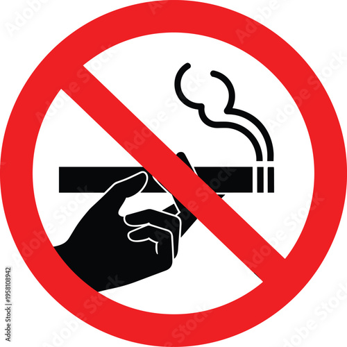 No smoking sign with hand holding cigarette and red prohibition circle for health and safety policy