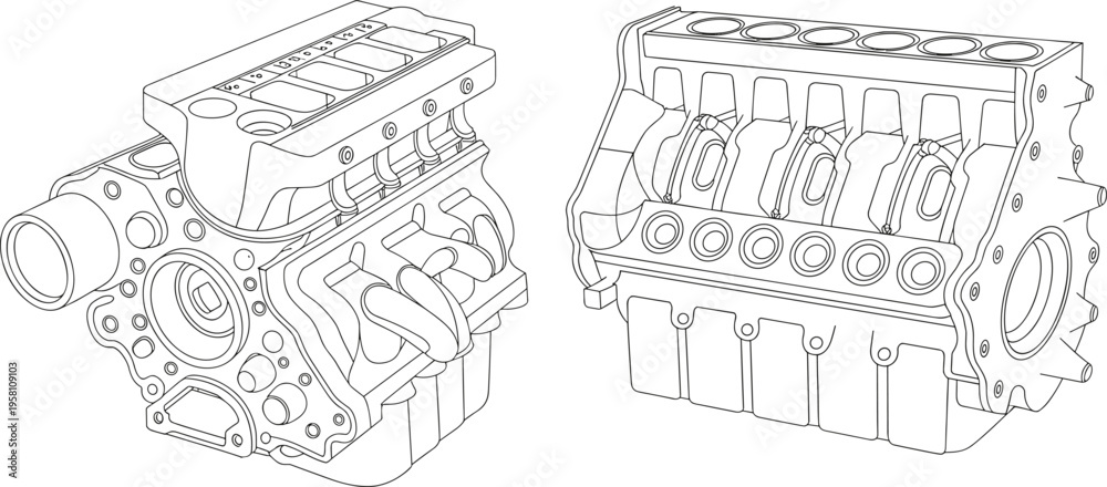 Obraz premium Technical line art vector illustration of internal combustion engine blocks, automotive mechanical engineering and industrial design
