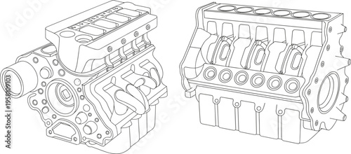 Technical line art vector illustration of internal combustion engine blocks, automotive mechanical engineering and industrial design