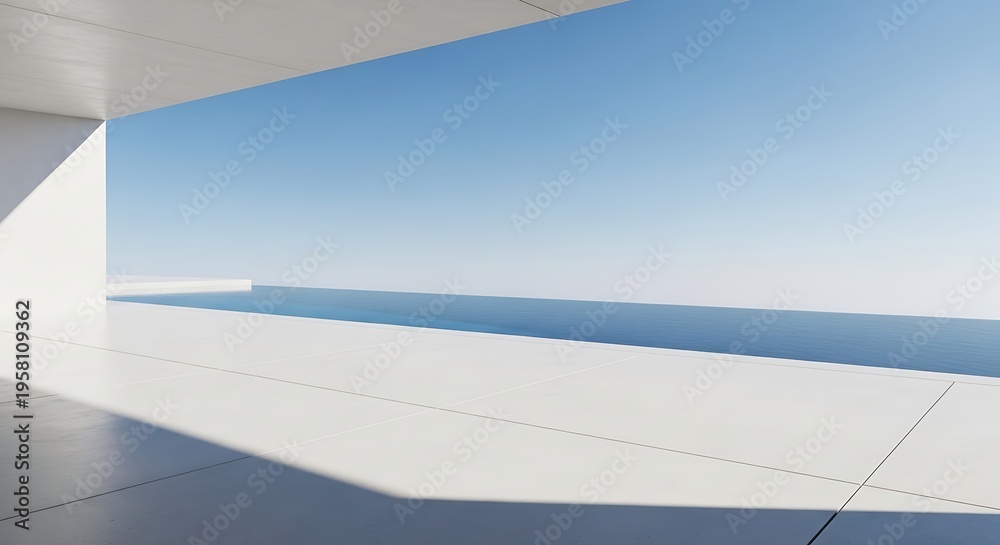 Obraz premium Modern architectural balcony overlooking a serene ocean horizon under a clear blue sky creating a tranquil and minimalist aesthetic