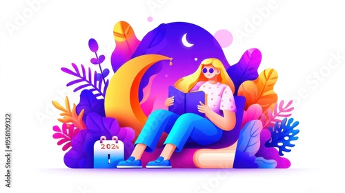 Reading in a colorful fantasy world indoor digital art vibrant environment close-up imagination and creativity