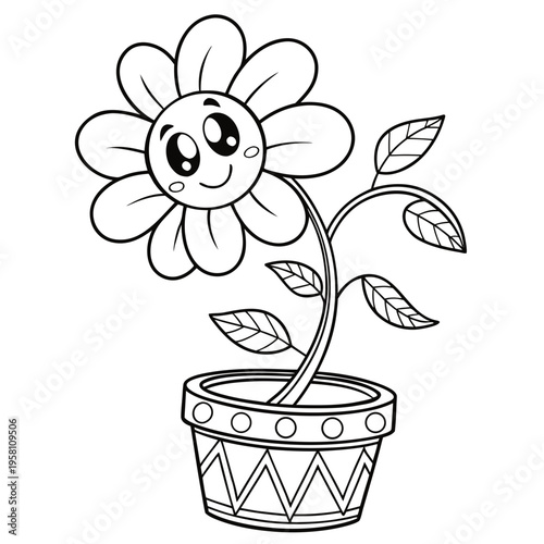 A smiling cartoon flower in a decorative pot with leaves, drawn in black and white, conveying happiness and innocence in a simple line art style.