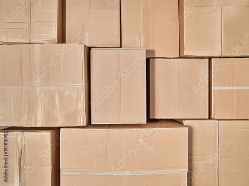 Stacked cardboard boxes forming a warehouse storage or moving background with warm light and visible packing tape, suggesting logistics, shipping, and relocation concept.