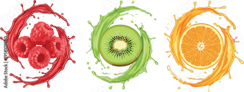 Fresh fruit splash collection with raspberry kiwi and orange slices in circular liquid motion realistic vector illustration isolated on light background for juice design