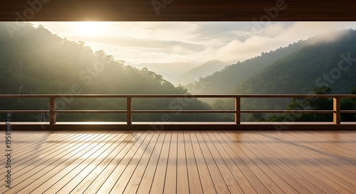 Serene mountain vista viewed from a wooden deck at sunrise with misty valleys and lush green forests bathed in golden light