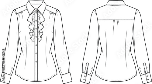 Women long sleeve ruffle front blouse technical drawing fashion flat sketch template for apparel design and manufacturing garment production.