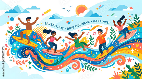 Diverse group joyfully surfing on vibrant colorful waves under a sunny sky