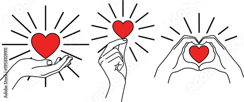 Vector illustration of hands holding and forming hearts, symbolizing love, care, unity, romance, and emotional connection