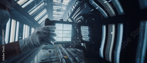 Technician in gloves inspects glossy black car body panel under bright led inspection light in auto paint booth; reflections reveal surface quality, repair and detailing concept.