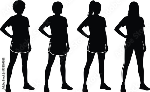 Vector silhouettes of athletes in casual sportswear standing poses, showcasing diversity, fitness, and teamwork