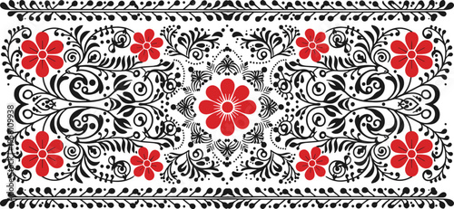 Vector ornamental floral pattern with symmetrical red flowers and black decorative flourishes